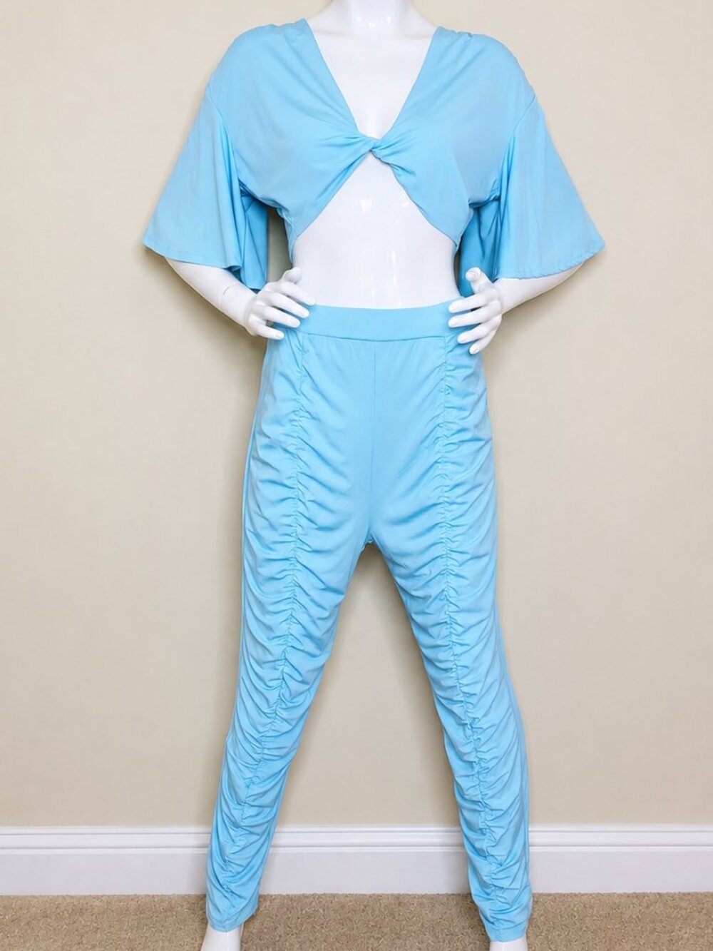 Pastel Baby Blue Two Piece Trendy V Neck Bat Wing Top w/ Skinny Fit Pant SZ L